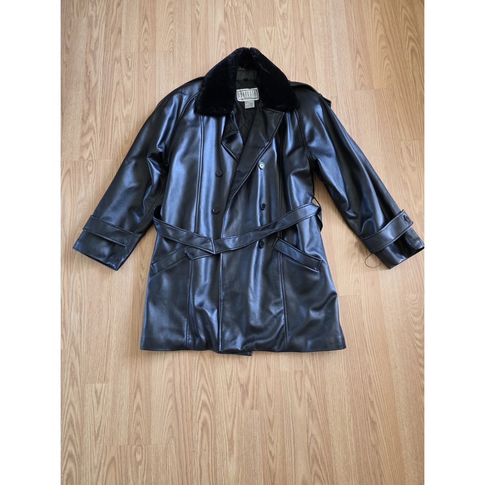 Vintage BB Dakota Faux‎ Leather Black Trench w/ Faux-Fur Collar & Tie Waist